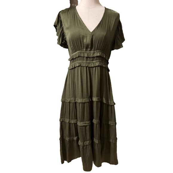 Pinch Tiered Maxi Dress L Large Olive Green Silky Short Flutter Sleeve NEW - Picture 2 of 16